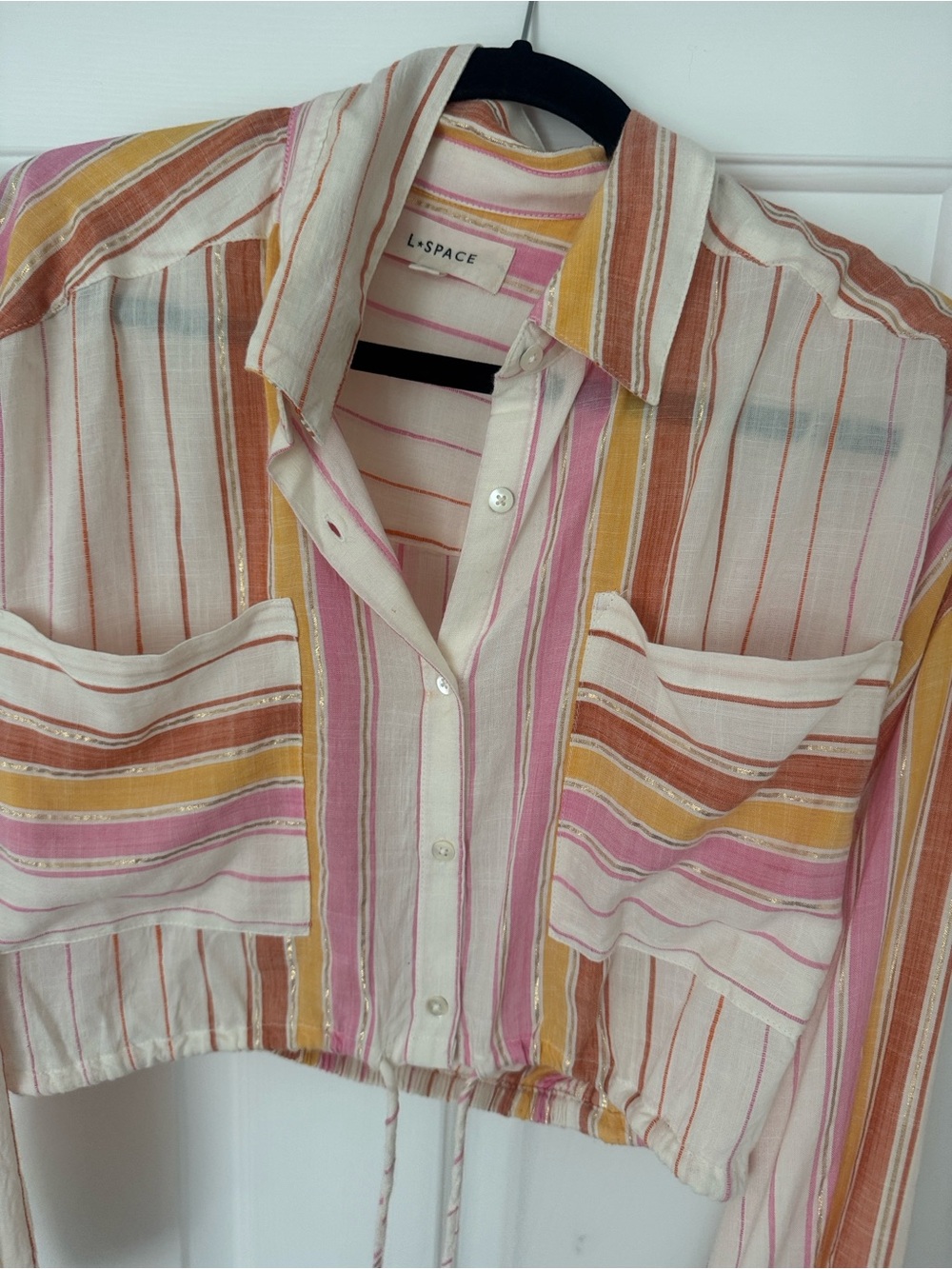 l*space Striped Button-Front Cropped Shirt in Pink, Yellow & Cream